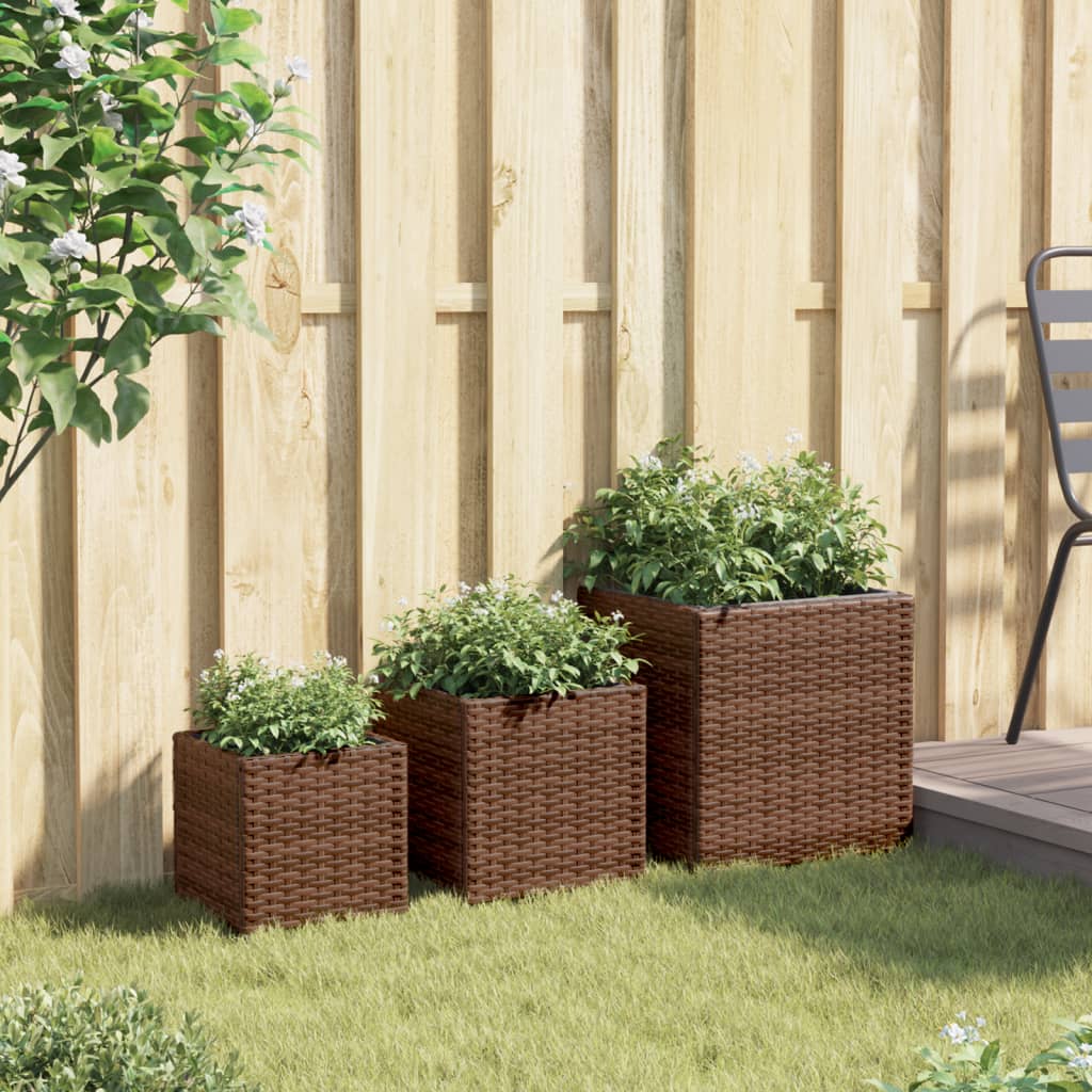 Plantenbakken 3 st poly rattan bruin