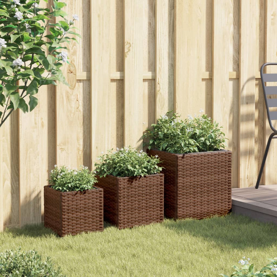 Plantenbakken 3 st poly rattan bruin