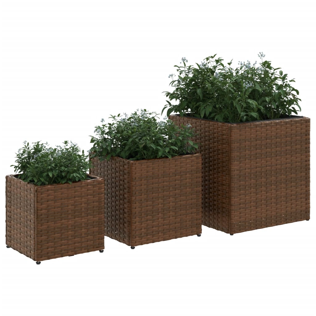 Plantenbakken 3 st poly rattan bruin