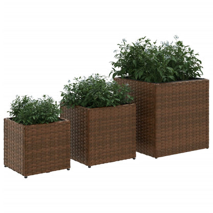 Plantenbakken 3 st poly rattan bruin