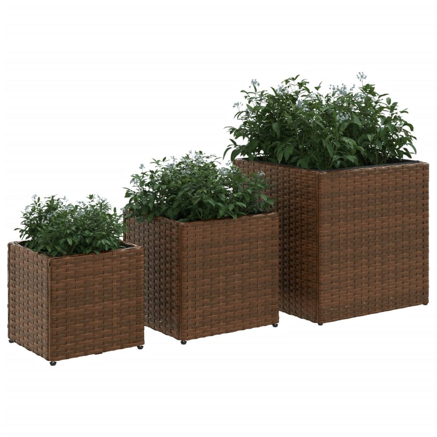 Plantenbakken 3 st poly rattan bruin