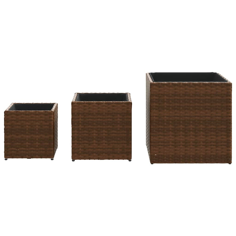 Plantenbakken 3 st poly rattan bruin