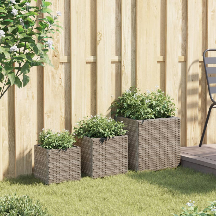 Plantenbakken 3 st poly rattan grijs