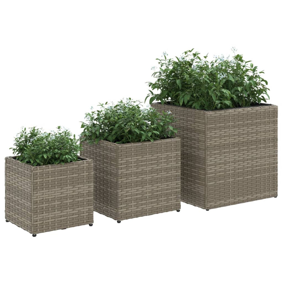 Plantenbakken 3 st poly rattan grijs