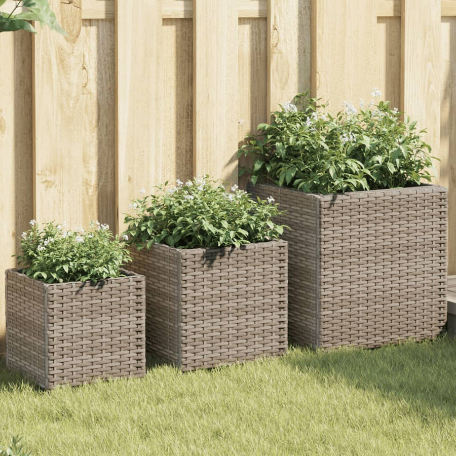 Plantenbakken 3 st poly rattan grijs