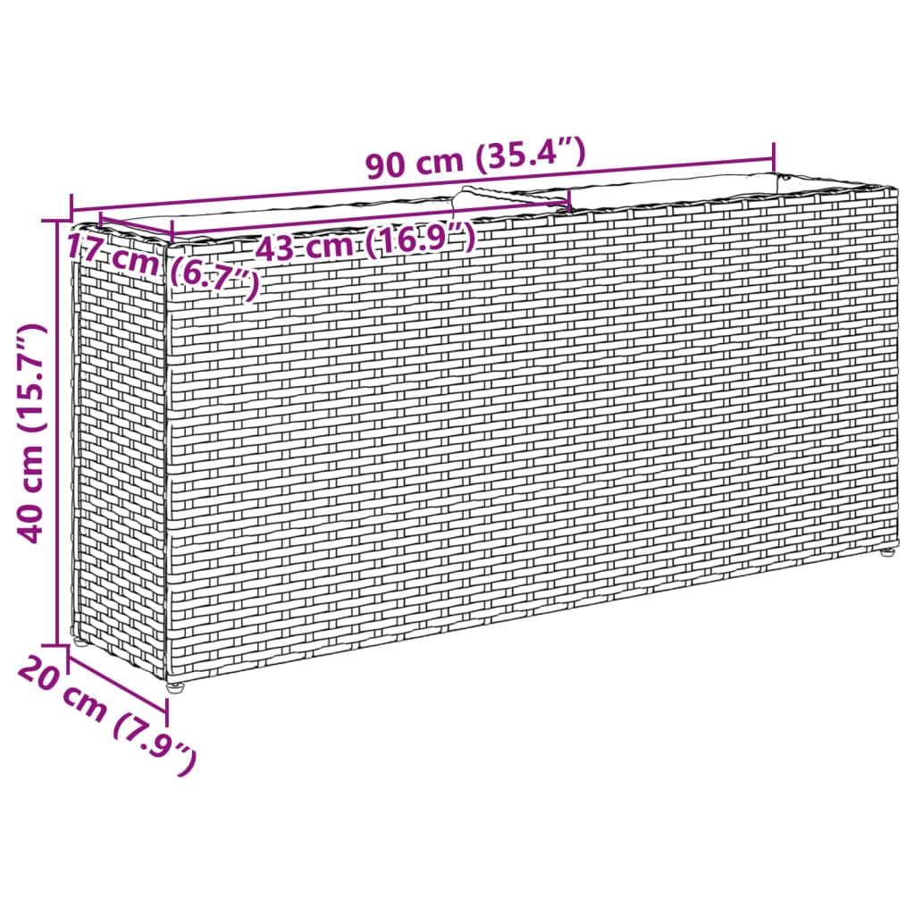 Plantenbak met 2 potten 90x20x40 cm poly rattan zwart