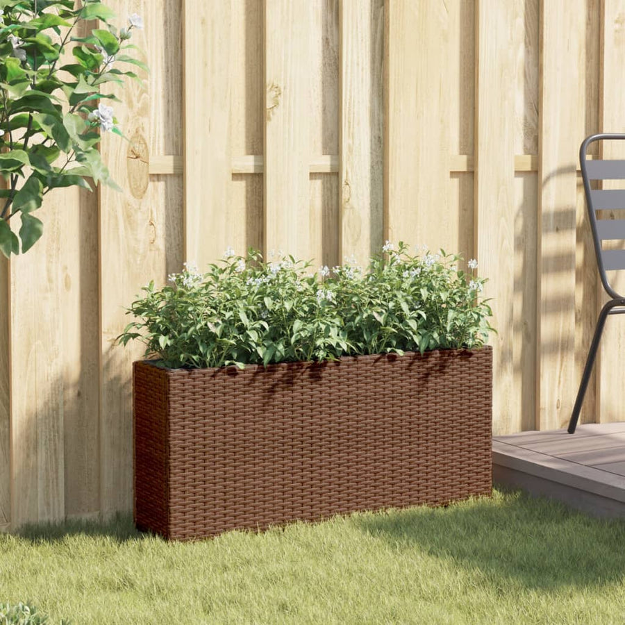 Plantenbak met 2 potten 90x20x40 cm poly rattan bruin