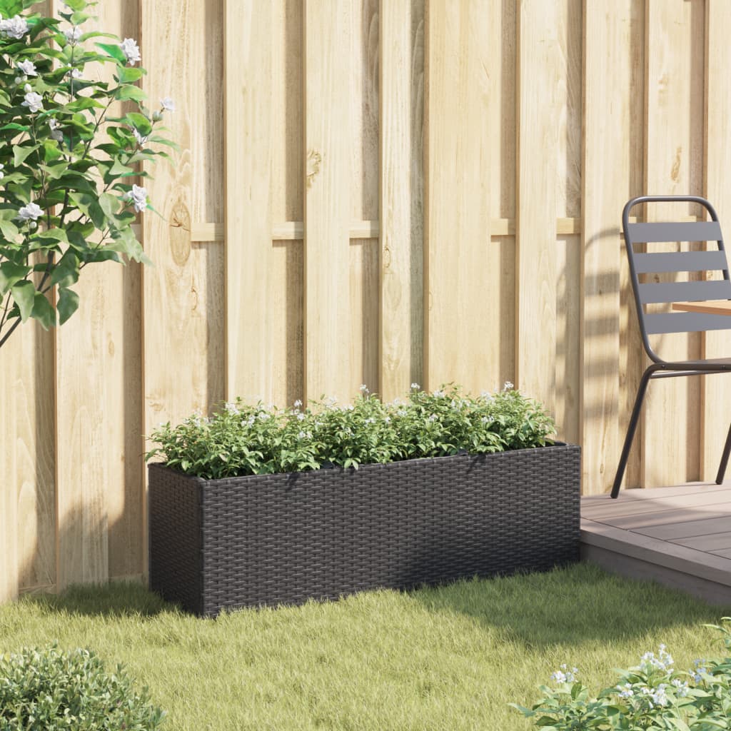 Plantenbak met 3 potten 105x30x32 cm poly rattan zwart