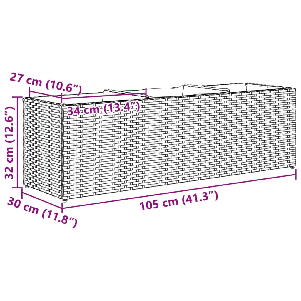 Plantenbak met 3 potten 105x30x32 cm poly rattan zwart