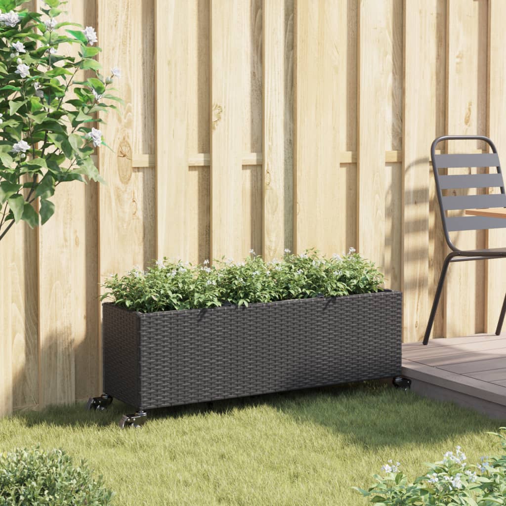 Plantenbak met wielen 3 potten 107x32x38 cm poly rattan zwart