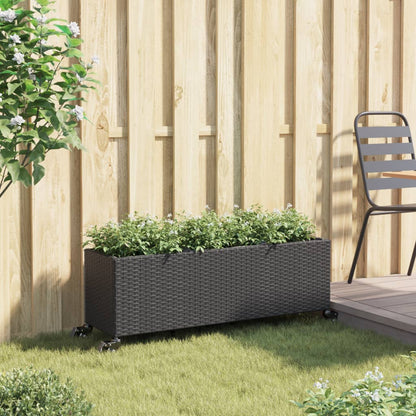 Plantenbak met wielen 3 potten 107x32x38 cm poly rattan zwart