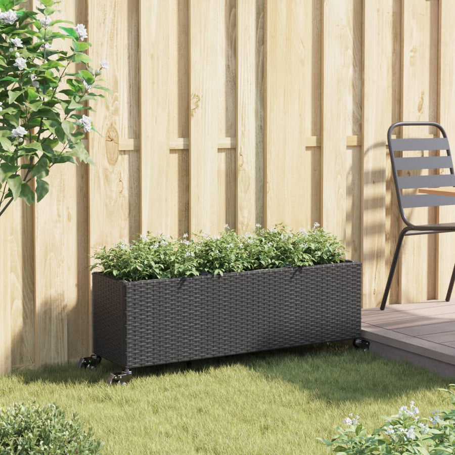 Plantenbak met wielen 3 potten 107x32x38 cm poly rattan zwart