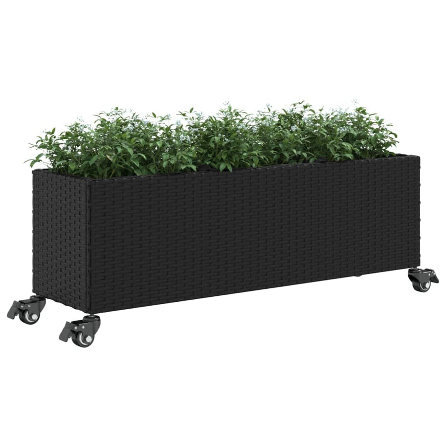 Plantenbak met wielen 3 potten 107x32x38 cm poly rattan zwart