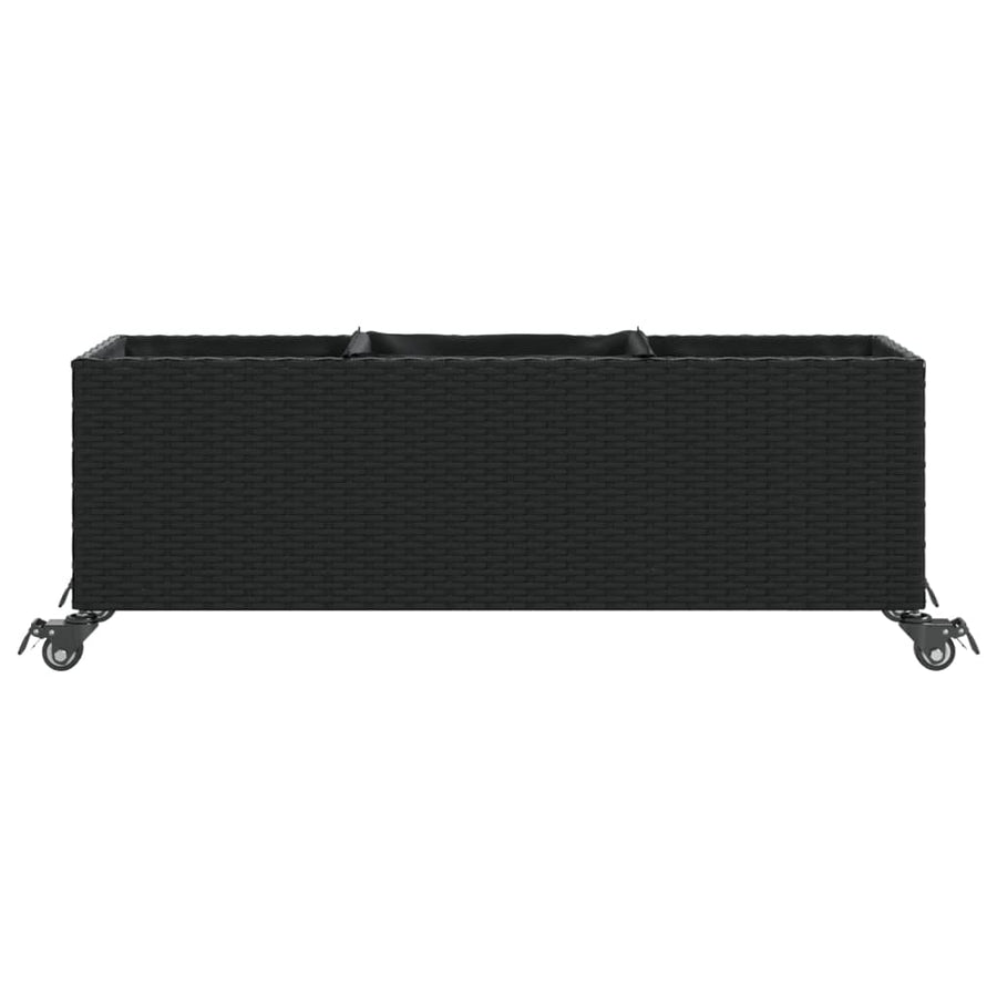 Plantenbak met wielen 3 potten 107x32x38 cm poly rattan zwart