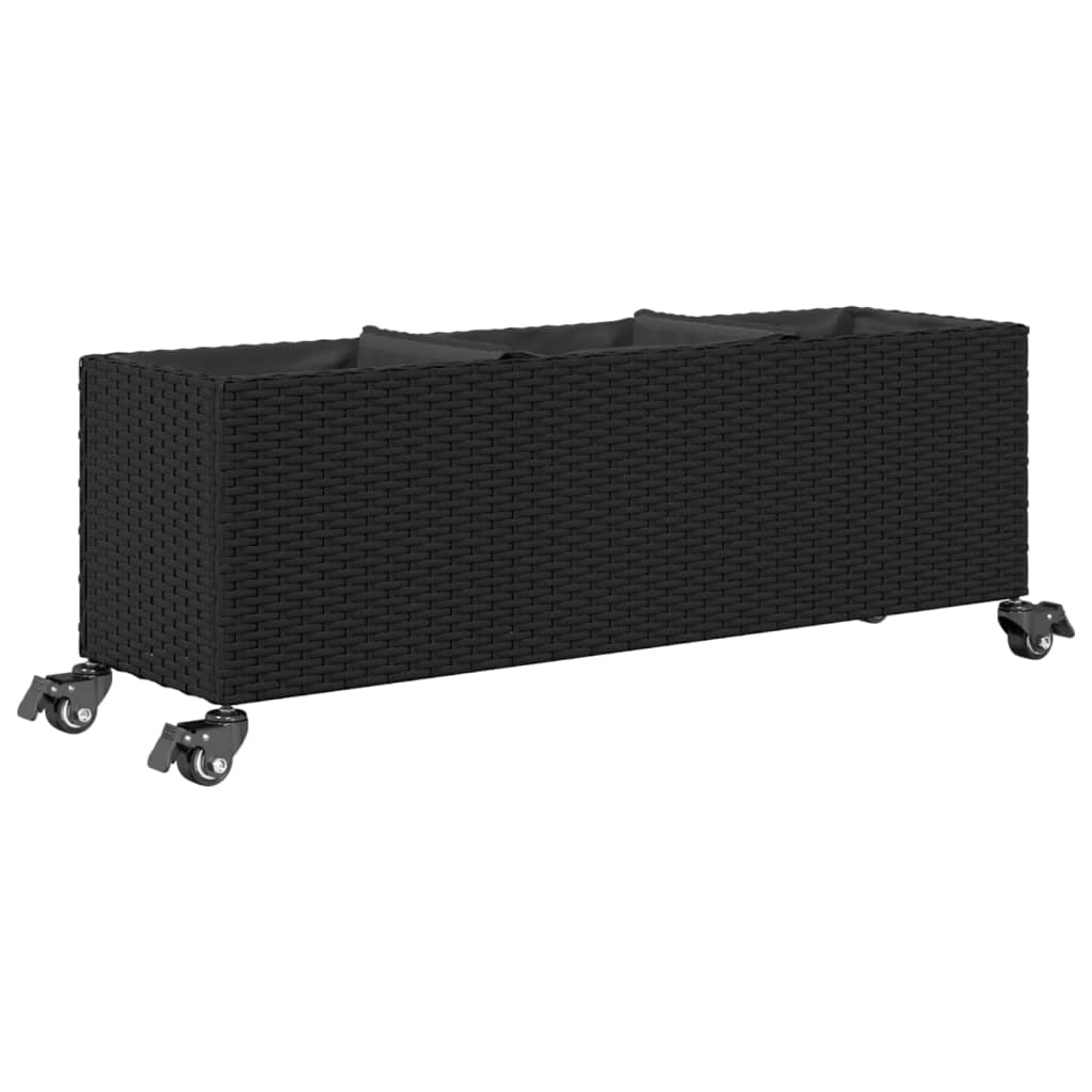 Plantenbak met wielen 3 potten 107x32x38 cm poly rattan zwart
