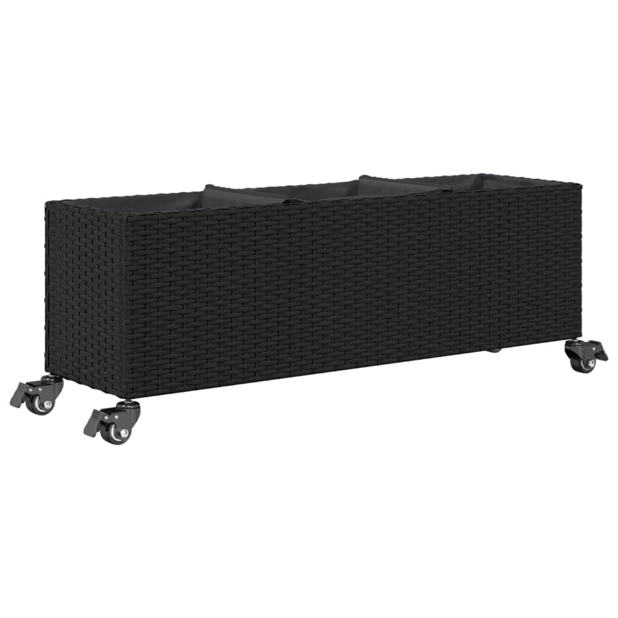 Plantenbak met wielen 3 potten 107x32x38 cm poly rattan zwart