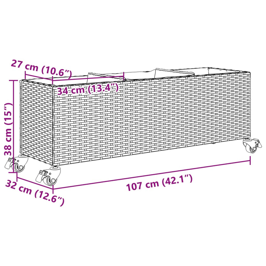 Plantenbak met wielen 3 potten 107x32x38 cm poly rattan zwart