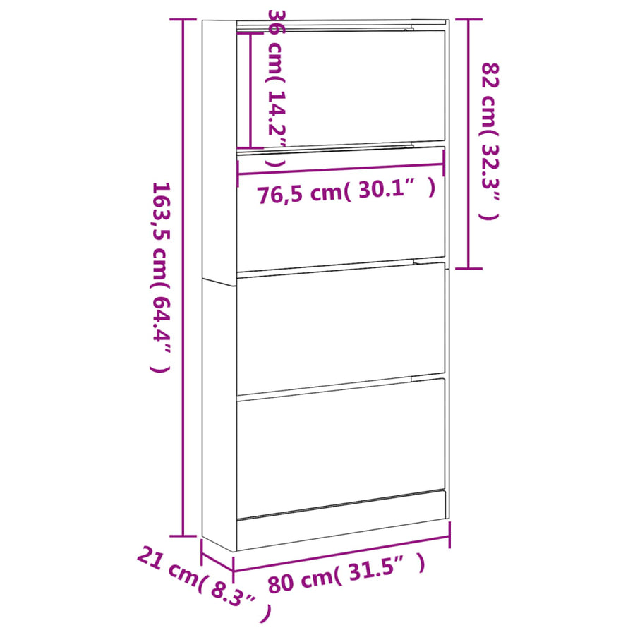 Schoenenkast Met 4 Klaplades 80X2X63,5 Cm Betongrijs 80 x 21 x 163.5 cm