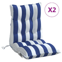 Stoelkussens 2 st lage rug gestreept stof wit en blauw