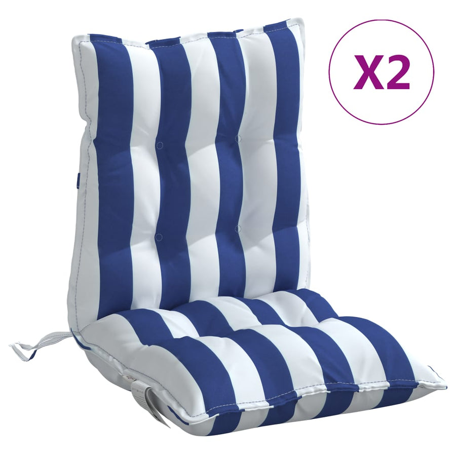 Stoelkussens 2 st lage rug gestreept stof wit en blauw