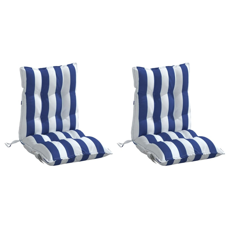 Stoelkussens 2 st lage rug gestreept stof wit en blauw