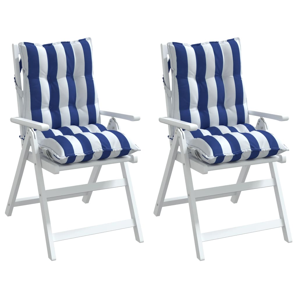Stoelkussens 2 st lage rug gestreept stof wit en blauw