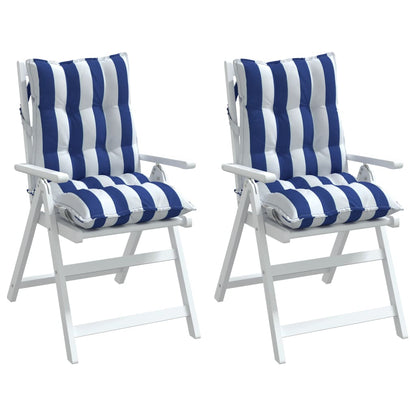 Stoelkussens 2 st lage rug gestreept stof wit en blauw