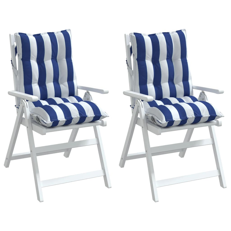 Stoelkussens 2 st lage rug gestreept stof wit en blauw