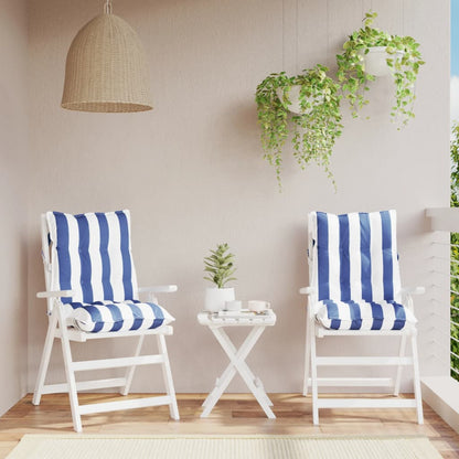 Stoelkussens 2 st lage rug gestreept stof wit en blauw
