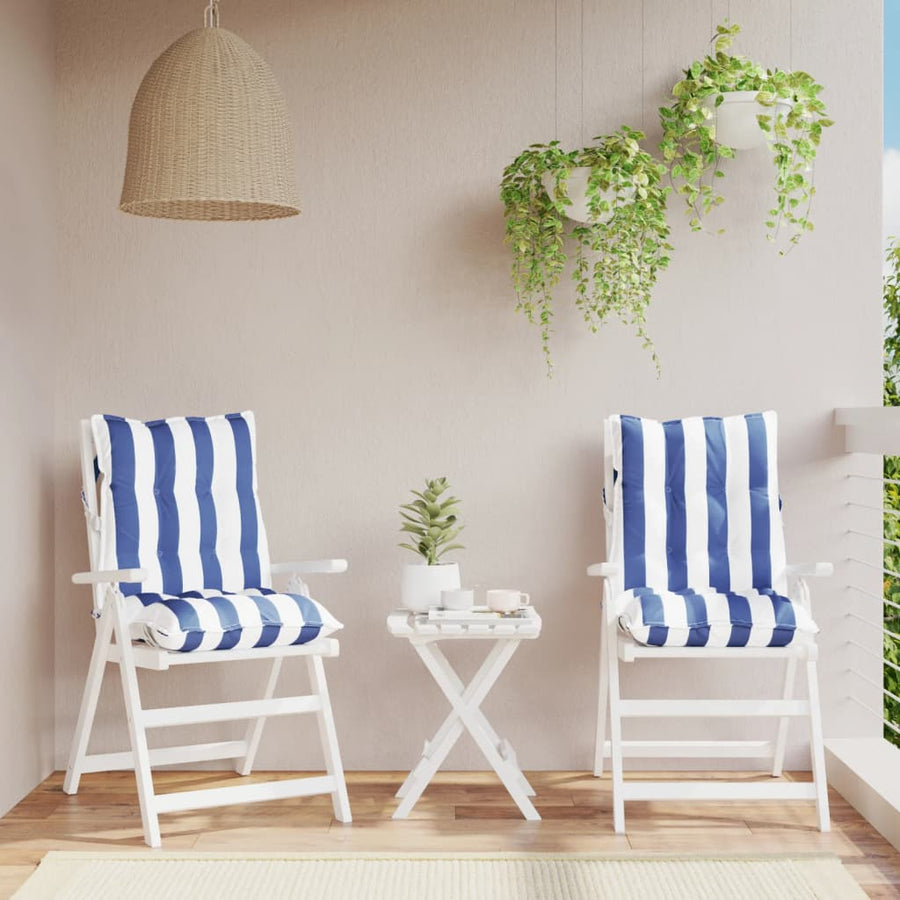 Stoelkussens 2 st lage rug gestreept stof wit en blauw