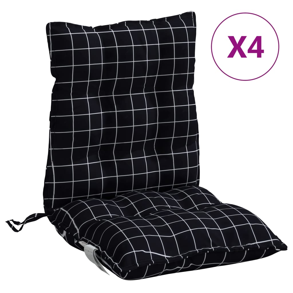 Stoelkussens 4 st lage rug ruitpatroon oxford stof zwart