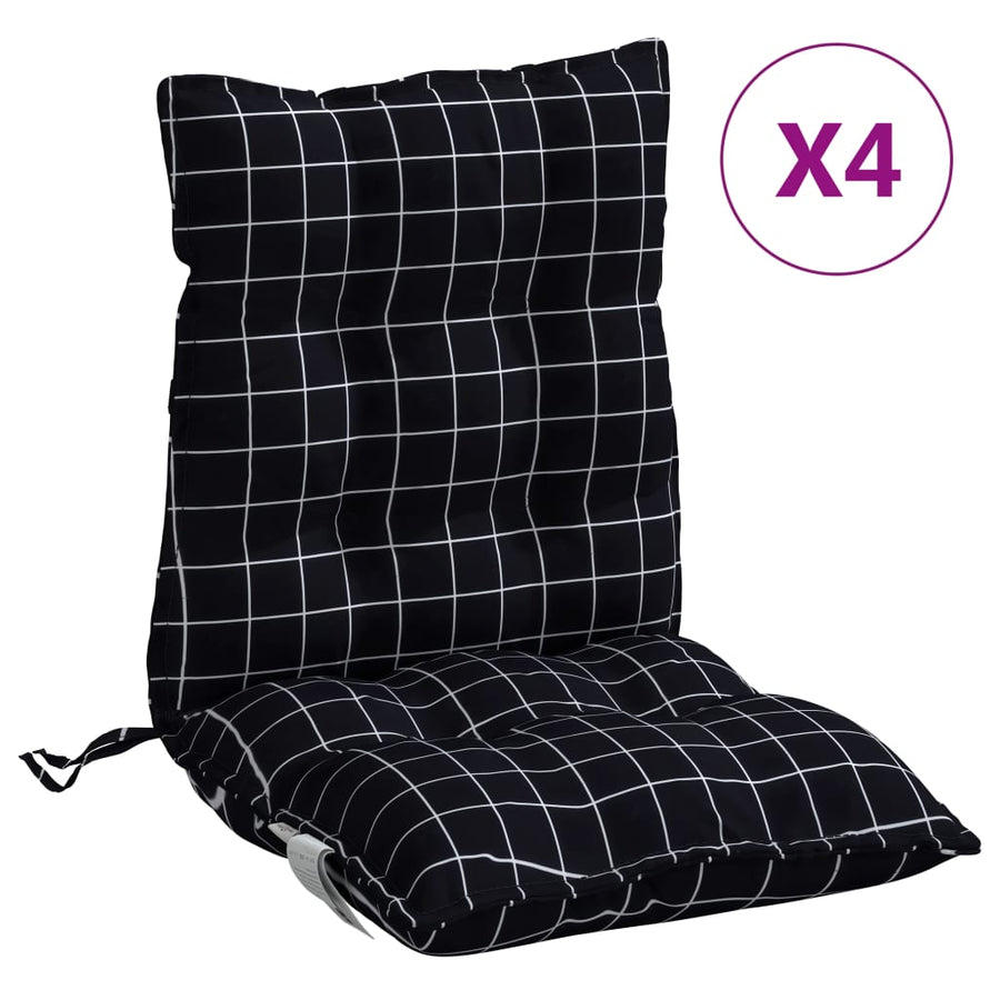 Stoelkussens 4 st lage rug ruitpatroon oxford stof zwart