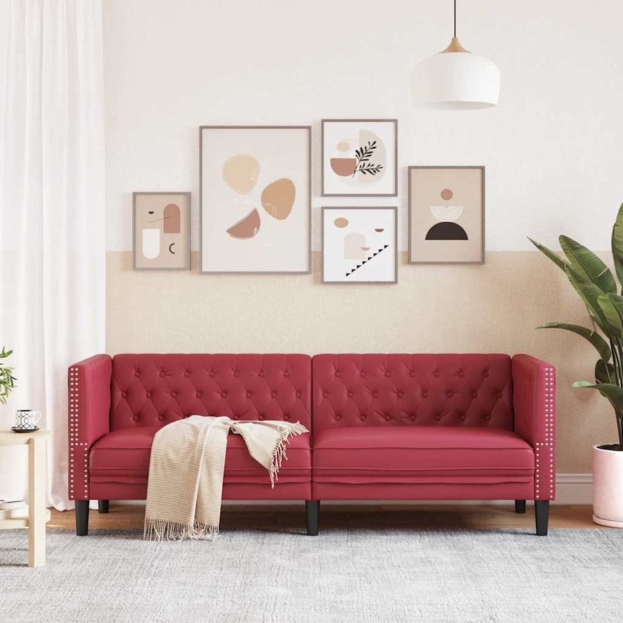 Driezitsbank Chesterfield-stijl kunstleer wijnrood