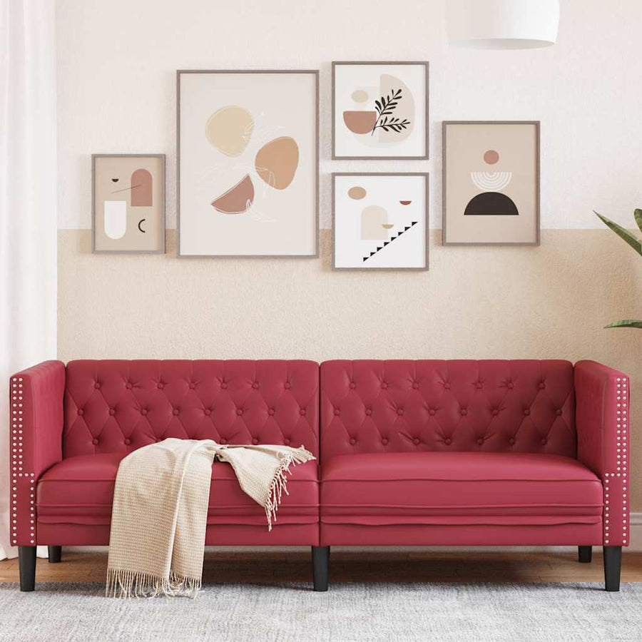 Driezitsbank Chesterfield-stijl kunstleer wijnrood