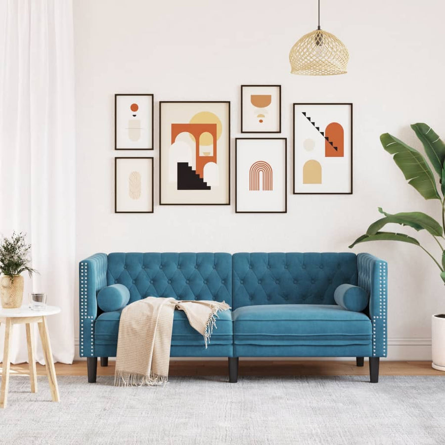 Chesterfield-Stijl En Bolsters Fluweel Blauw Tweezitsbank
