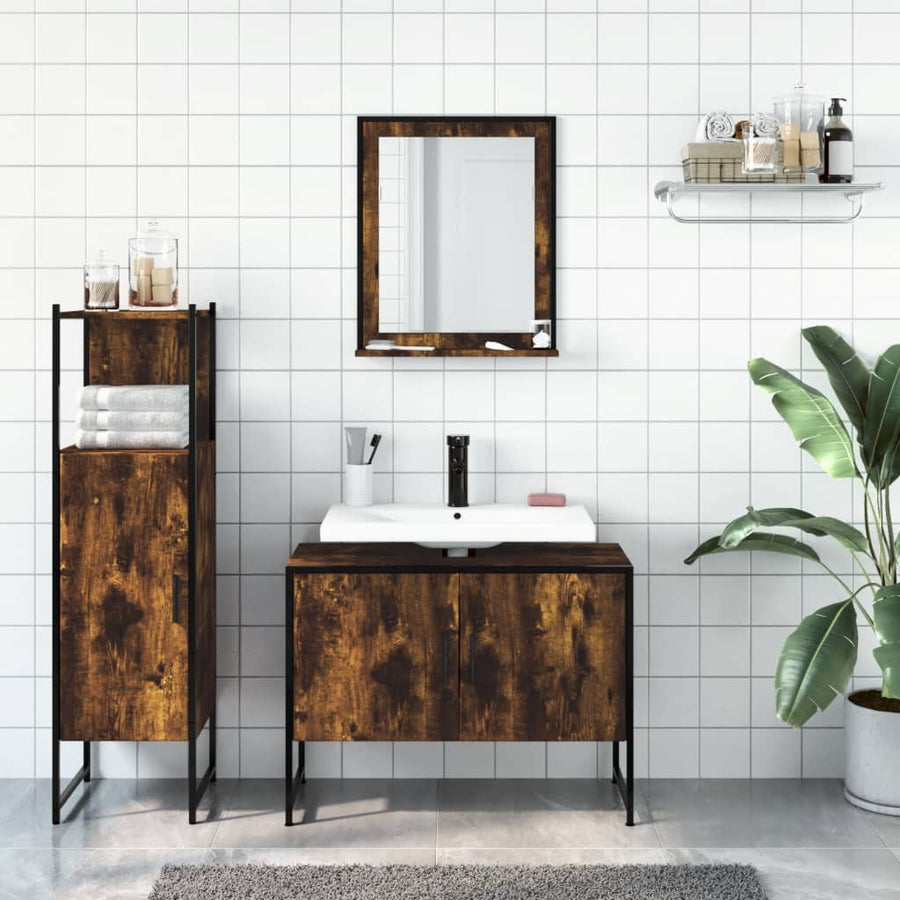 3-Delige Badkamermeubelset Bewerkt Hout Gerookt Eikenkleurig