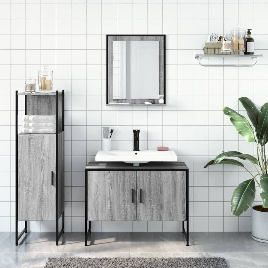 3-Delige Badkamermeubelset Bewerkt Hout Grijs Sonoma Eikenkleur Donkerbruin