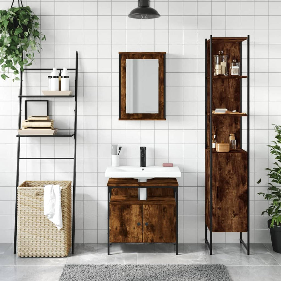 3-Delige Badkamermeubelset Bewerkt Hout Gerookt Eikenkleurig