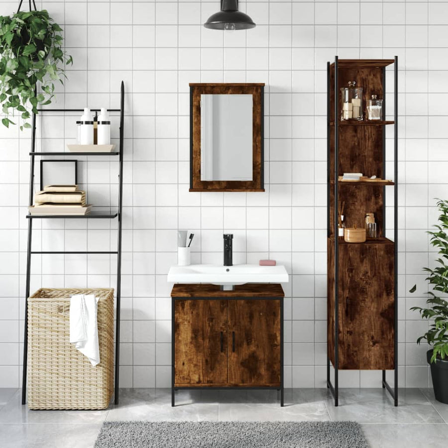 3-Delige Badkamermeubelset Bewerkt Hout Gerookt Eikenkleurig