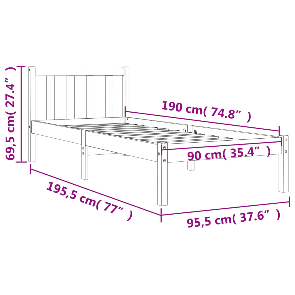 Bedframe Massief Grenenhout Wasbruin 90X190 Cm