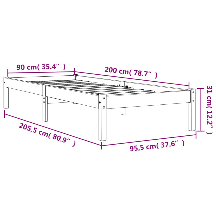 Bedframe Massief Grenenhout Wasbruin 90X200 Cm