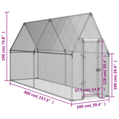 Kippenhok 400X100X190 Cm Gegalvaniseerd Staal Zilverkleurig