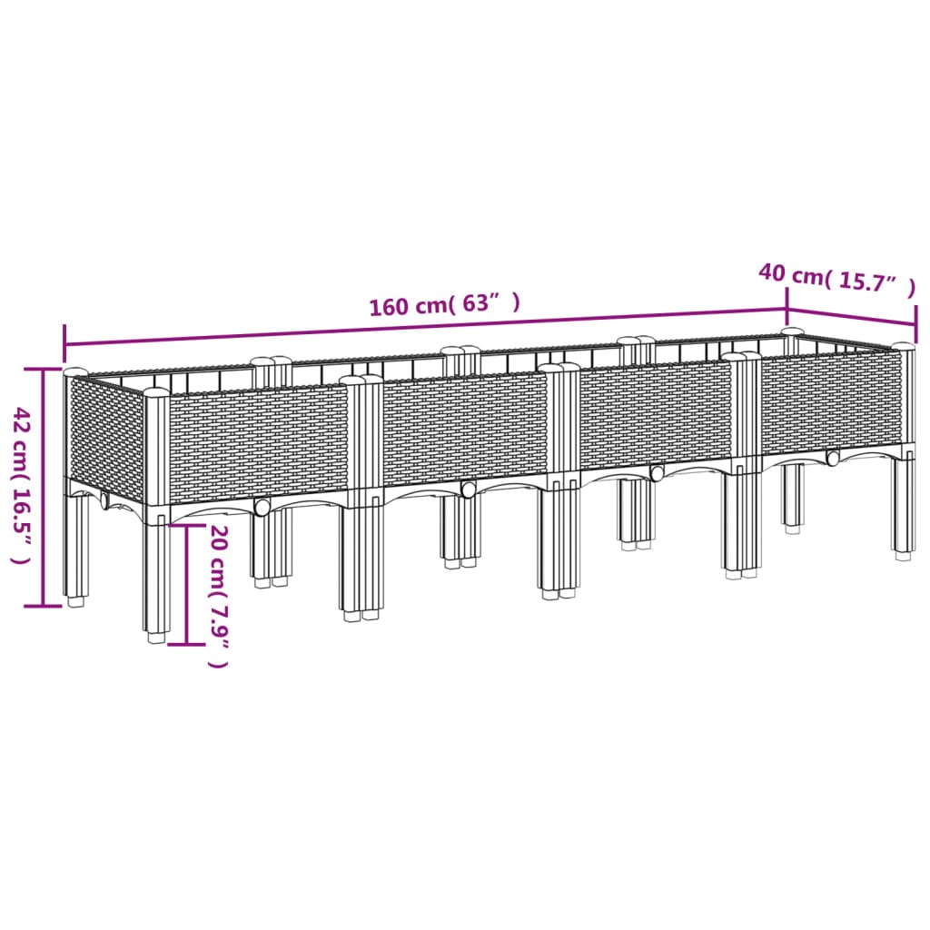 Plantenbak met poten 160x40x42 cm polypropeen lichtgrijs