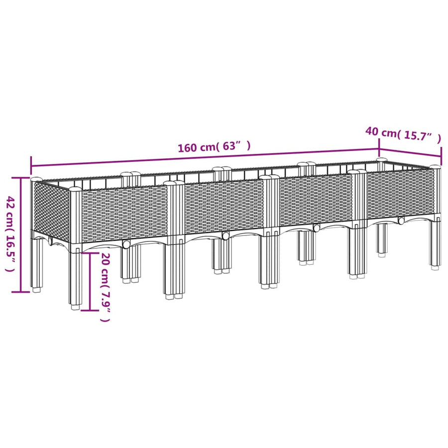 Plantenbak met poten 160x40x42 cm polypropeen lichtgrijs