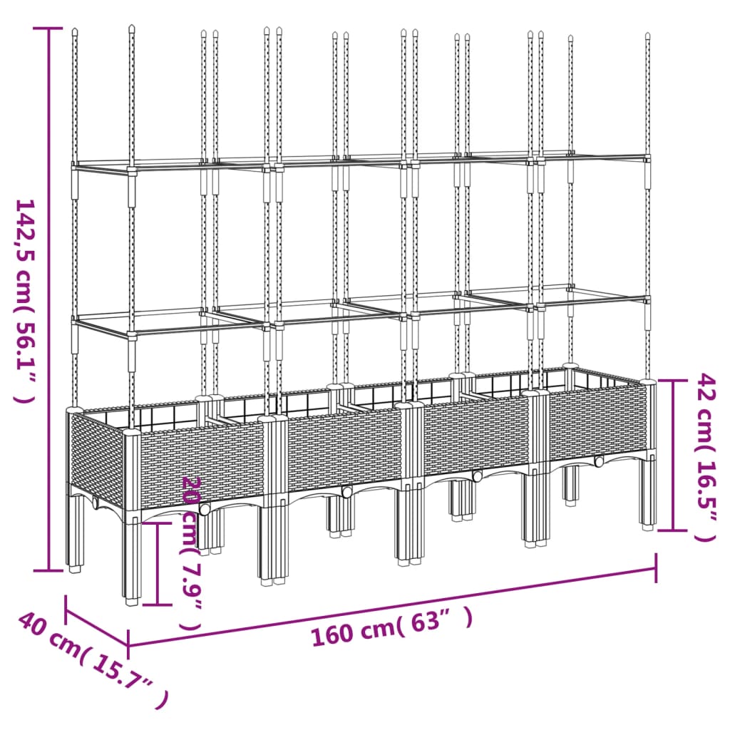 Plantenbak met latwerk 160x40x142,5 cm polypropeen wit