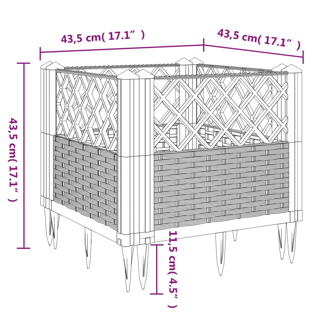 Plantenbak met pinnen 43,5x43,5x43,5 cm polypropeen bruin