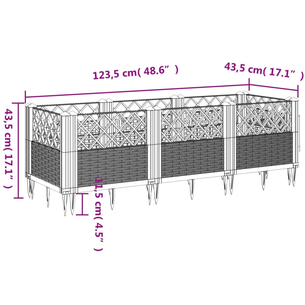 Plantenbak met pinnen 123,5x43,5x43,5 cm polypropeen wit