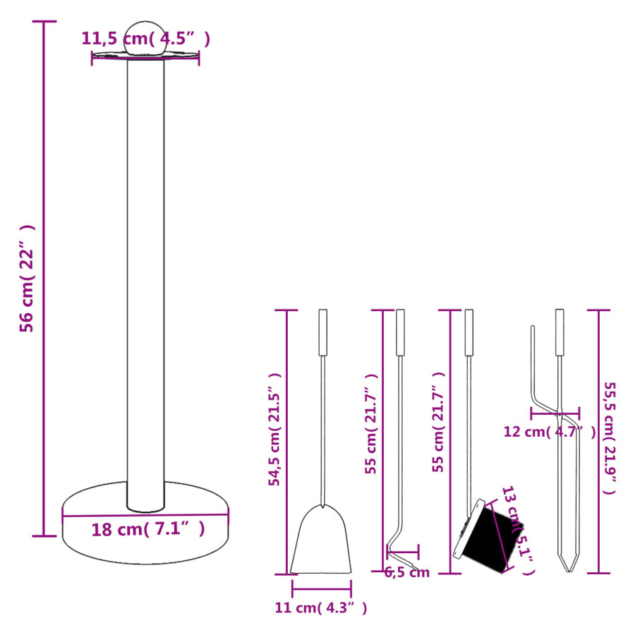 5-Delige Haardset 18X56 Cm Staal