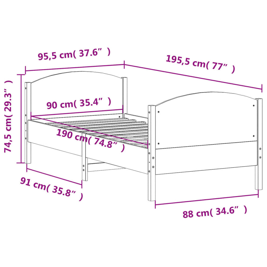 Bedframe met hoofdbord massief grenenhout wit 90x190 cm