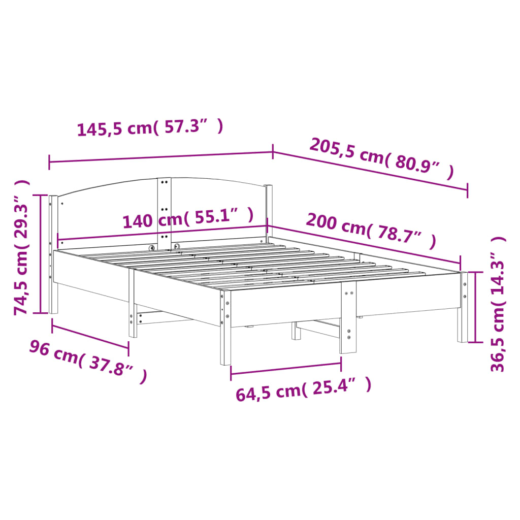 Bedframe met hoofdbord massief grenenhout wit 140x200 cm